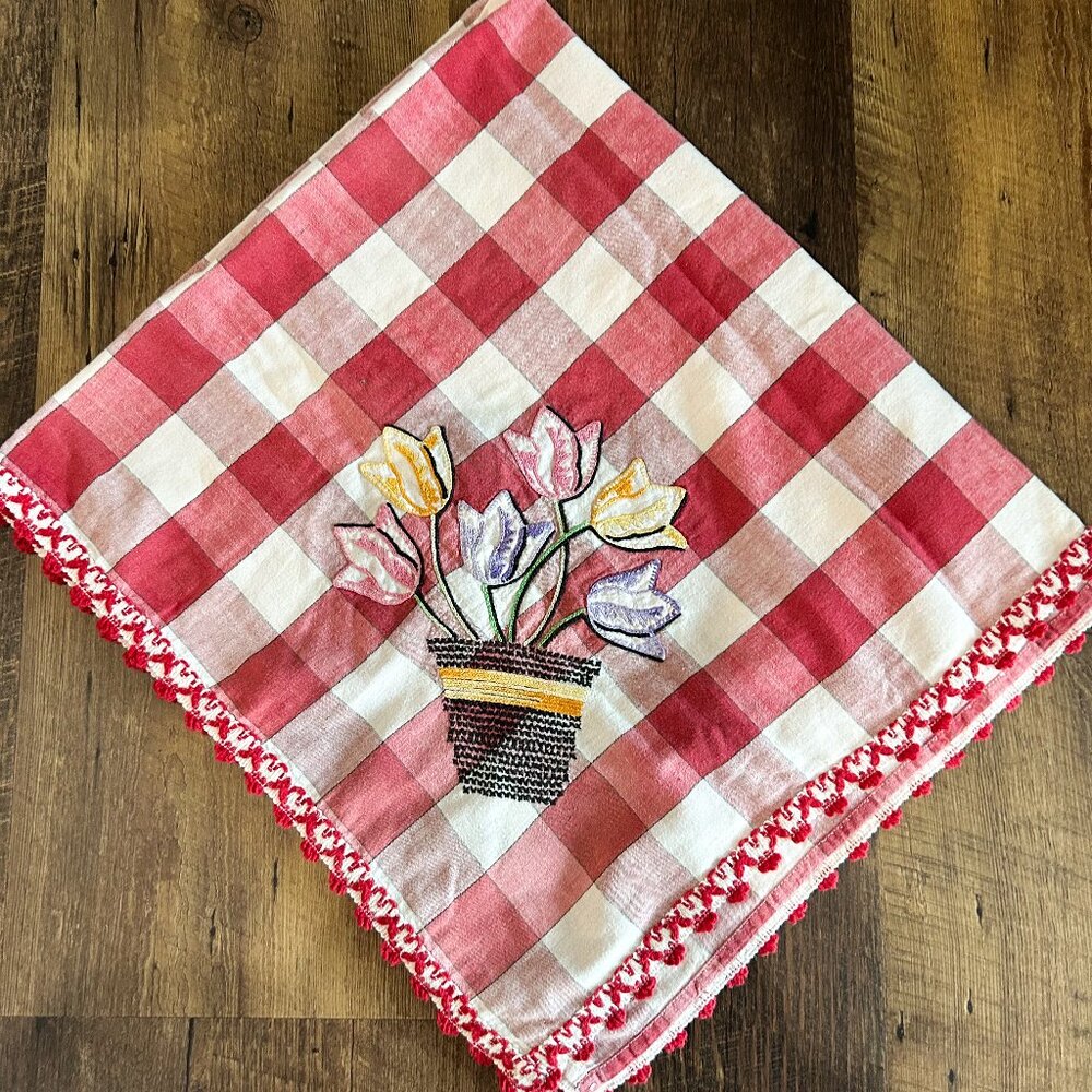 Vintage Table Cloth,  Red White Tablecloth Vintage Table Linen Square Tablecloth